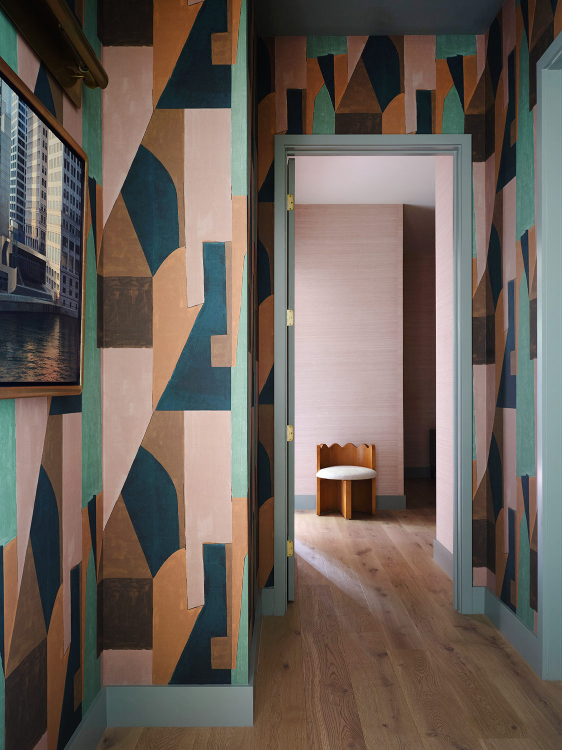 multicolor Cubist wallpaper in hallway