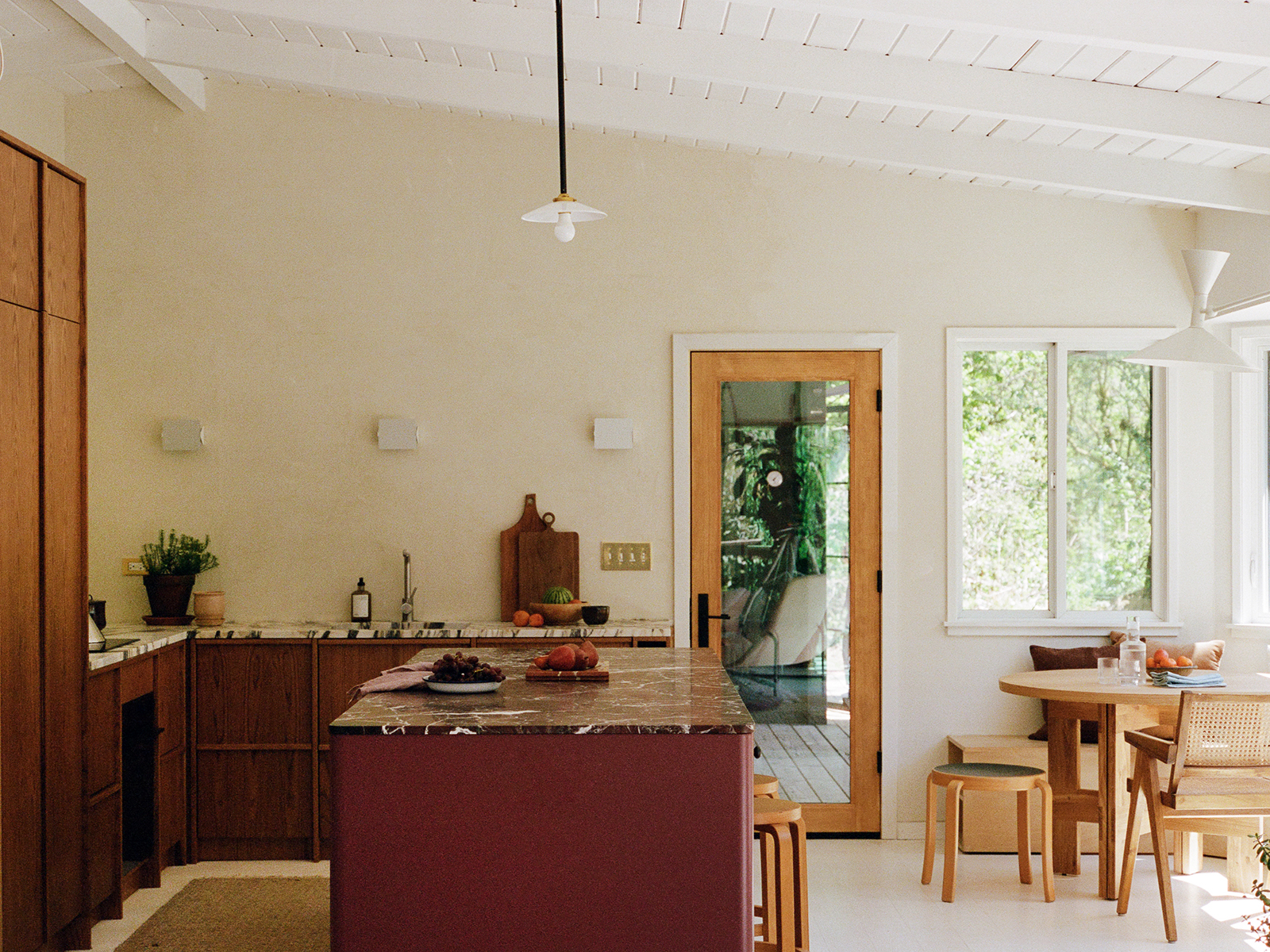 red maroon kitchen island