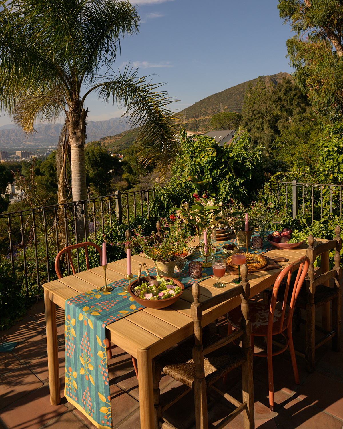 Amrit Tietz's LA terrace with table set for a party