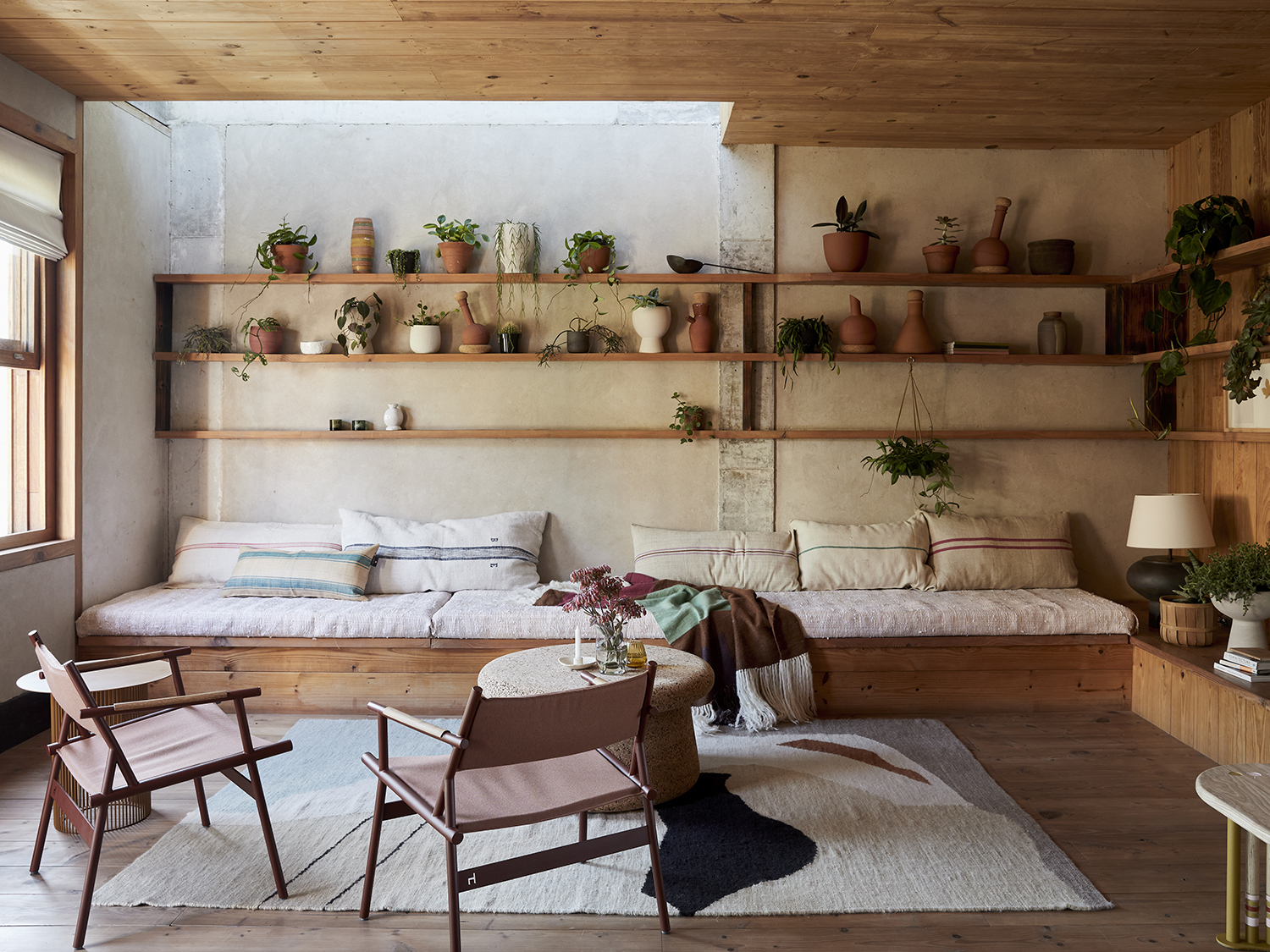 earthy wood and beige living room