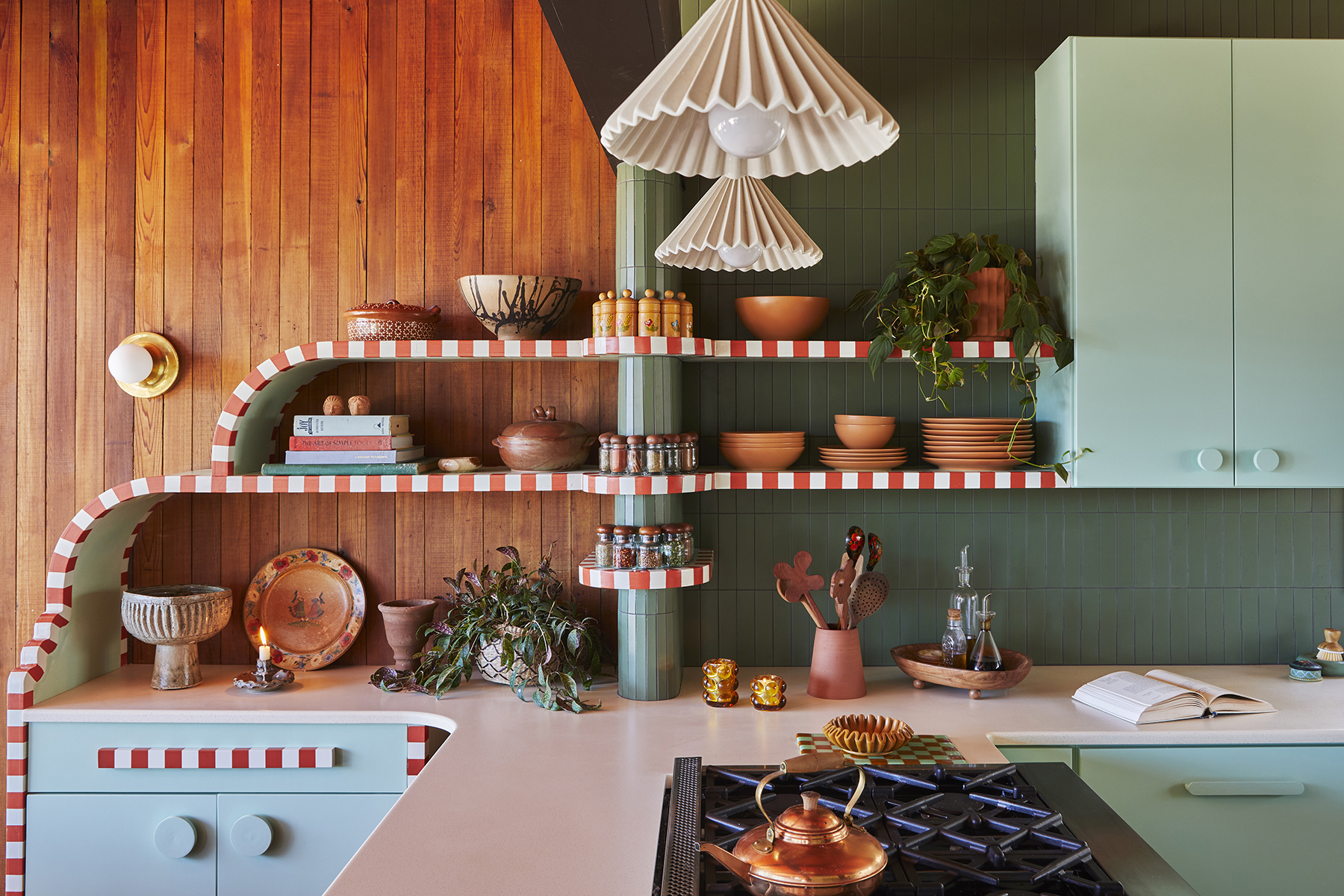 Curved open shelving to display spice jars