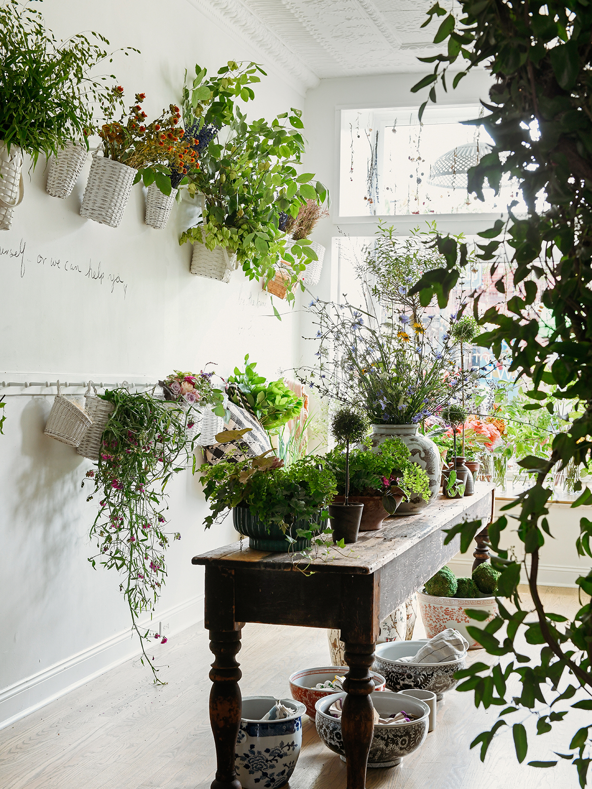 Wooden table in flower shop