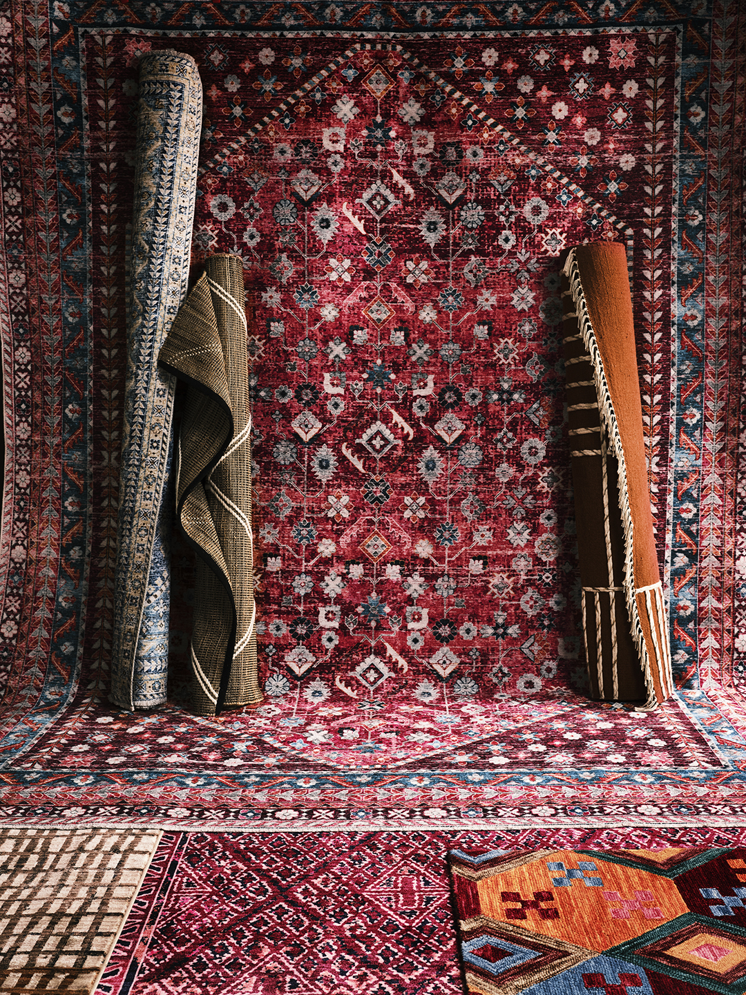 Rolled up rugs leaning against a rug on a wall