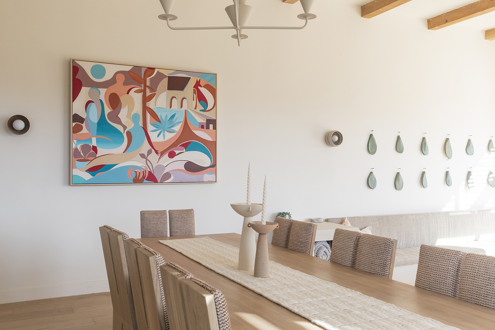 Dining room with colorful swooshy art