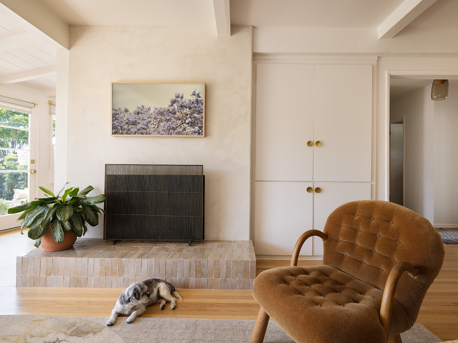 dog in front of fireplace