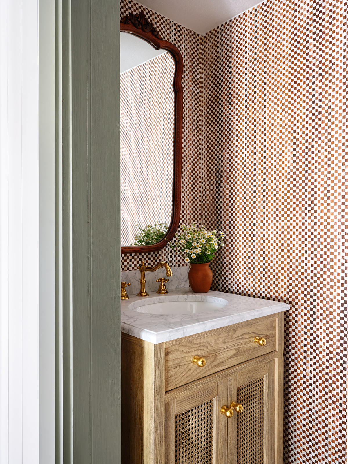 checkered powder room wallpaper