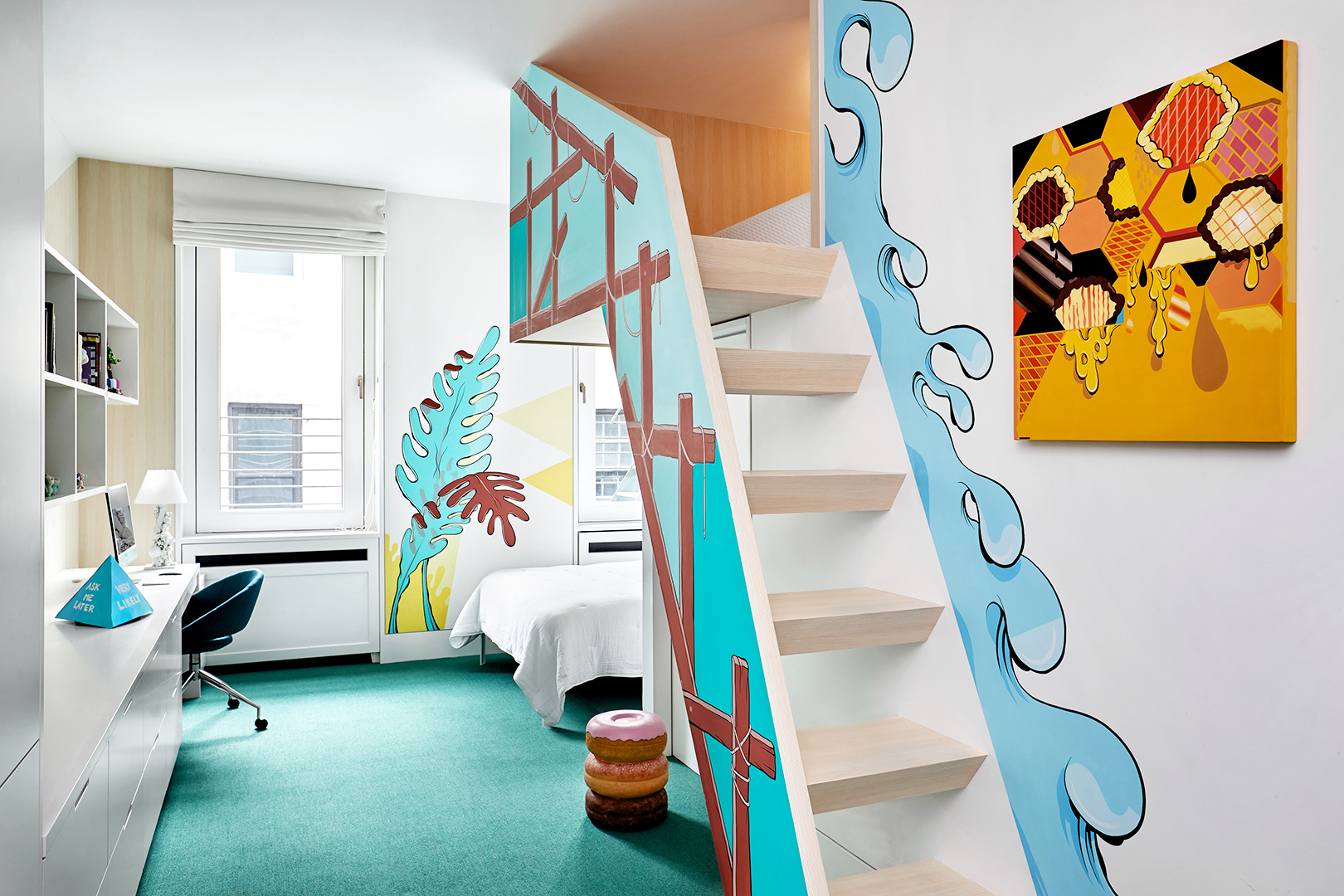 Kid's bedroom with aquamarine carpet.