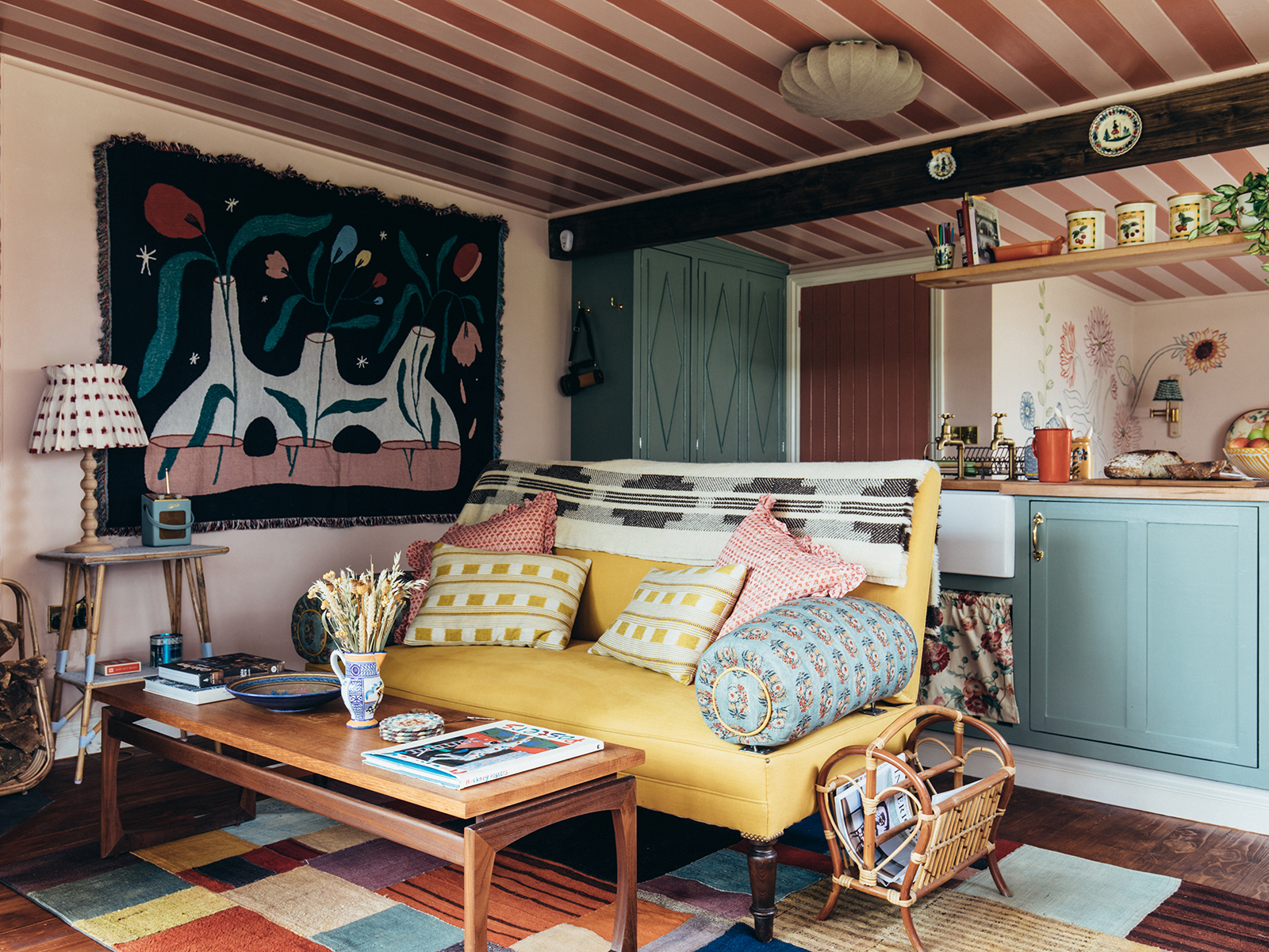 striped guest room ceiling