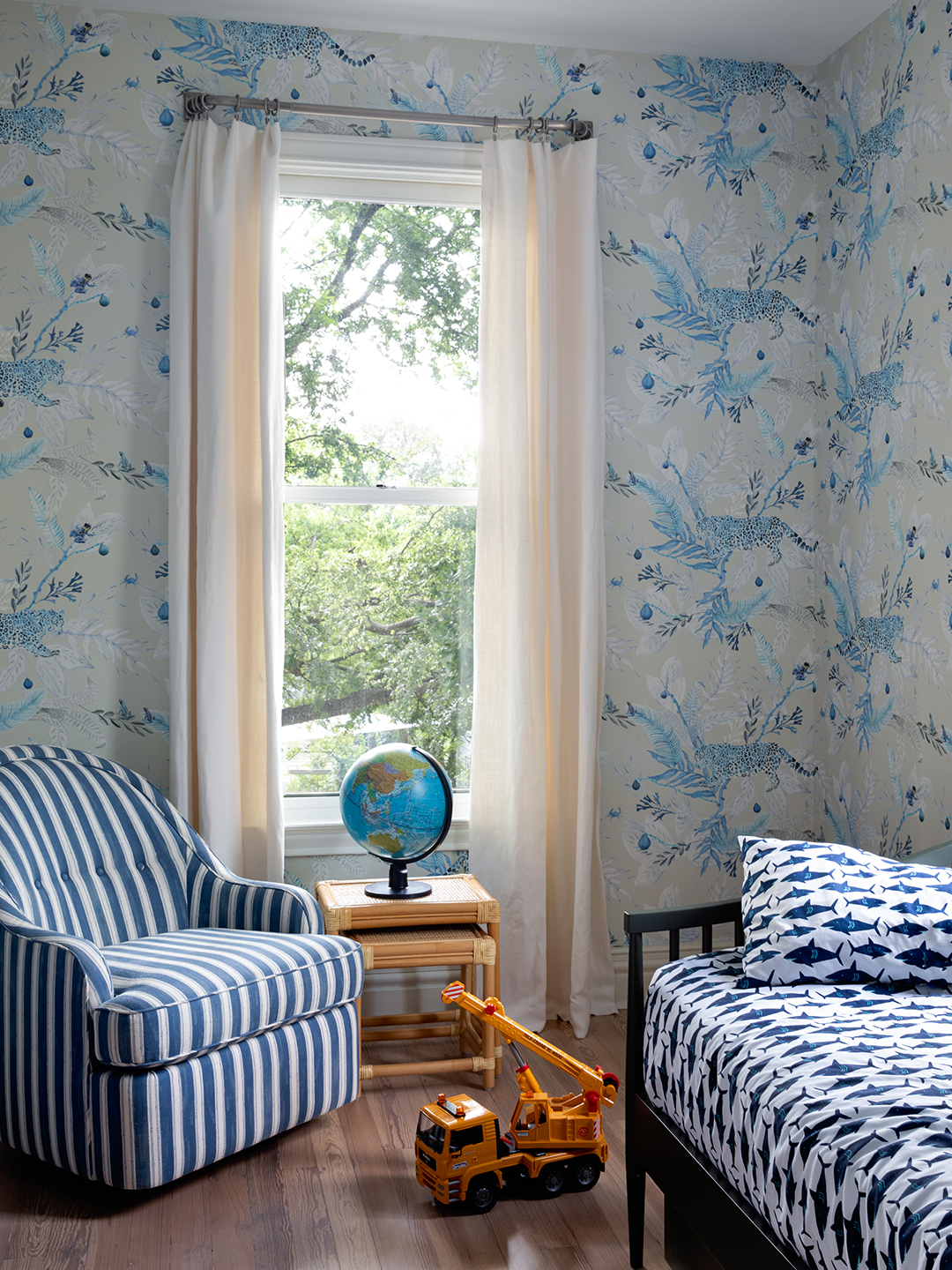 blue striped chair in kids room