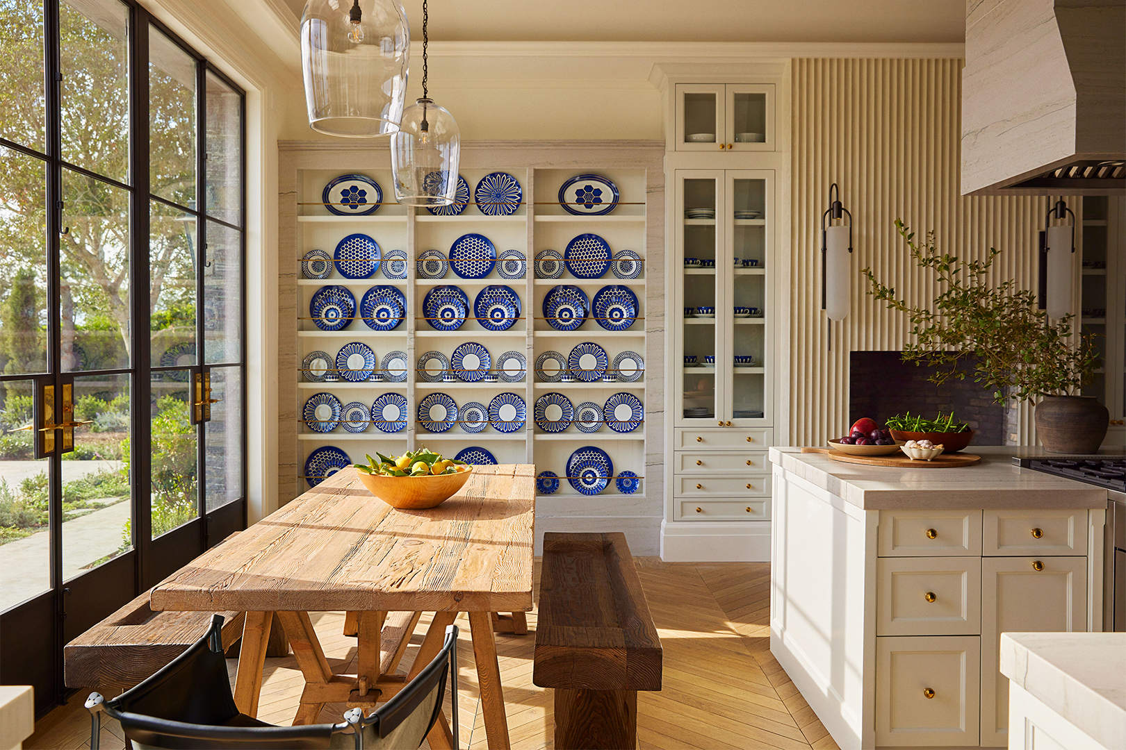 Dining room with wall of plates