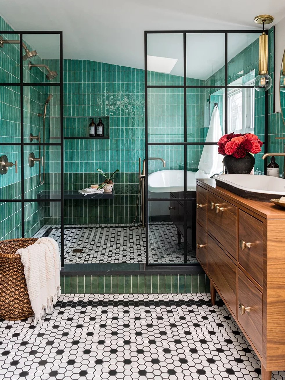 green shower with black framed doors