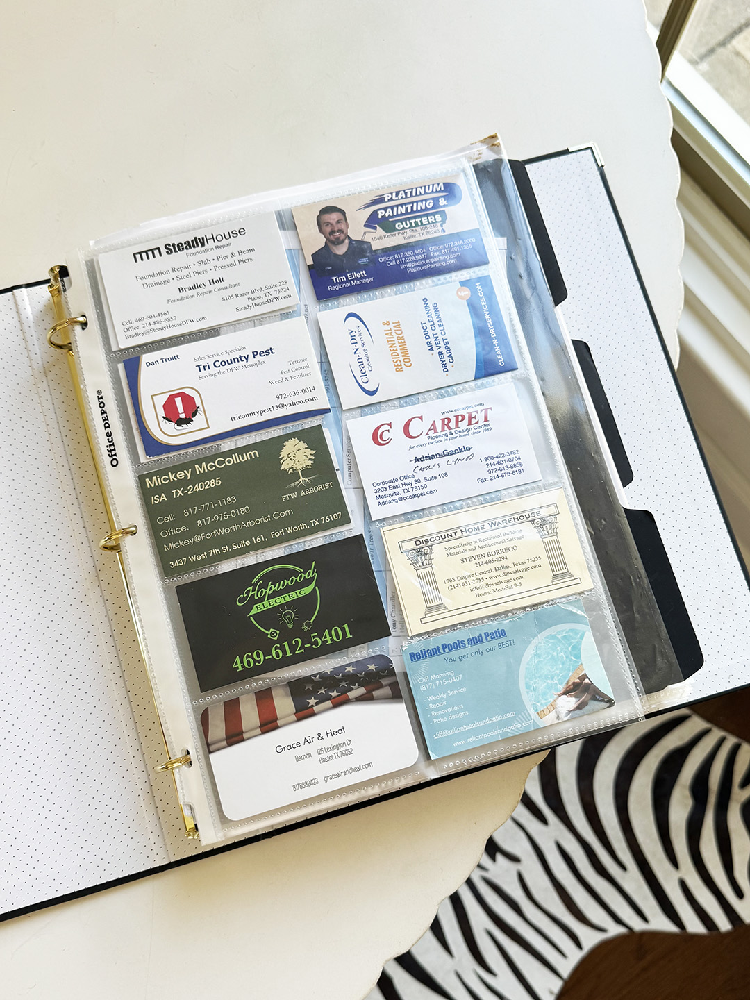 business cards in a binder