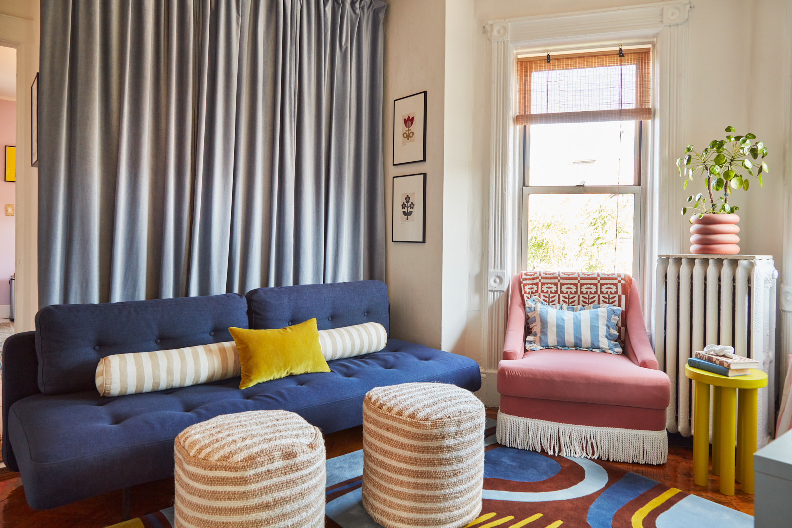 Living room with blue sofa