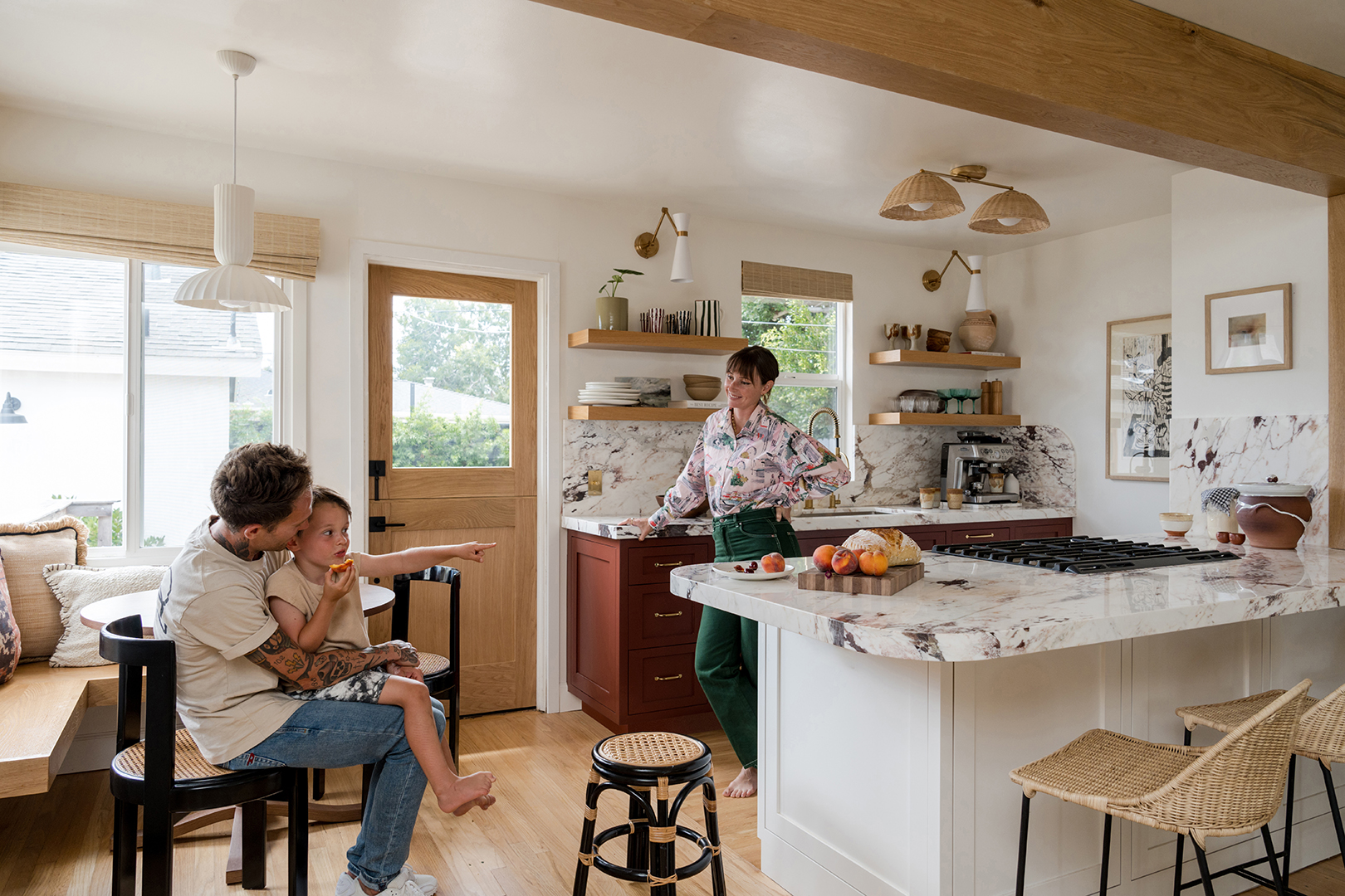 woman in kitchen with son