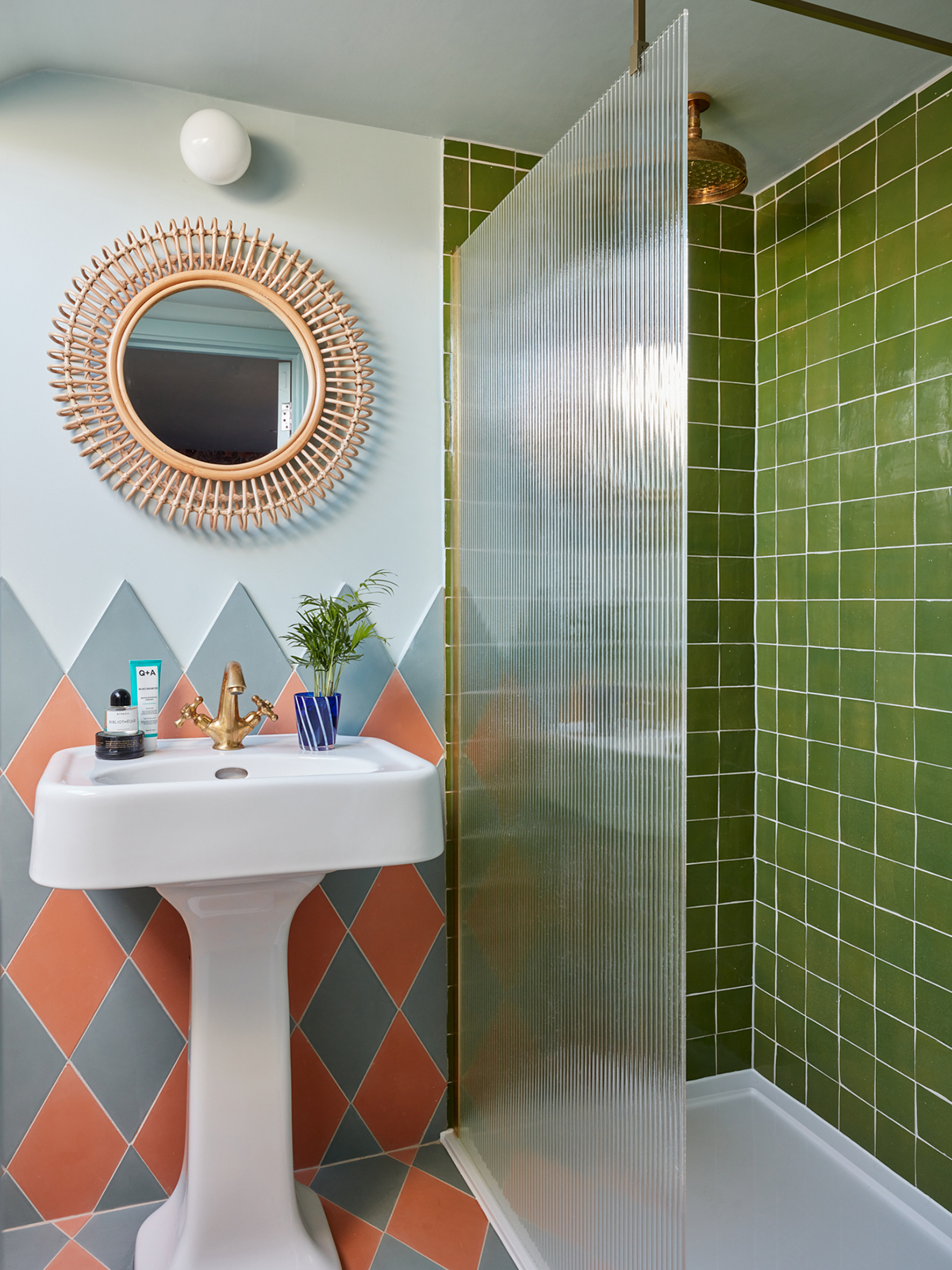 green tiled shower