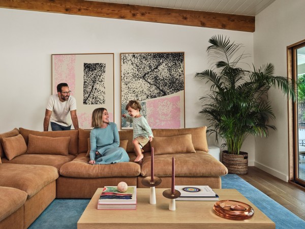 Family on a tan sofa