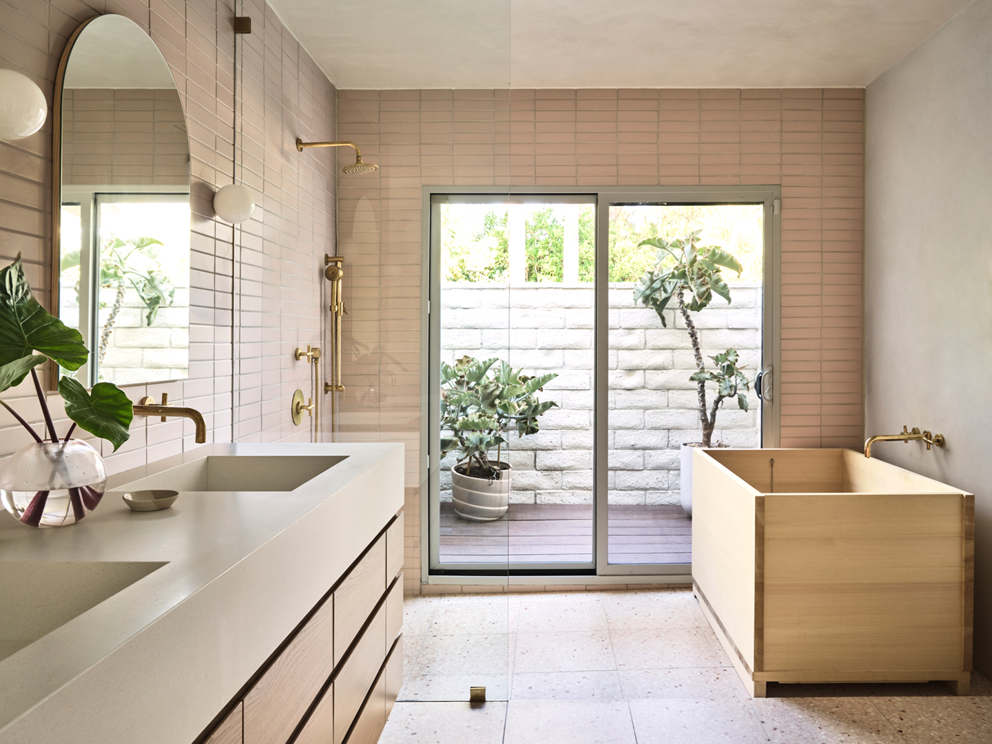 Bathroom with wood soaking tub