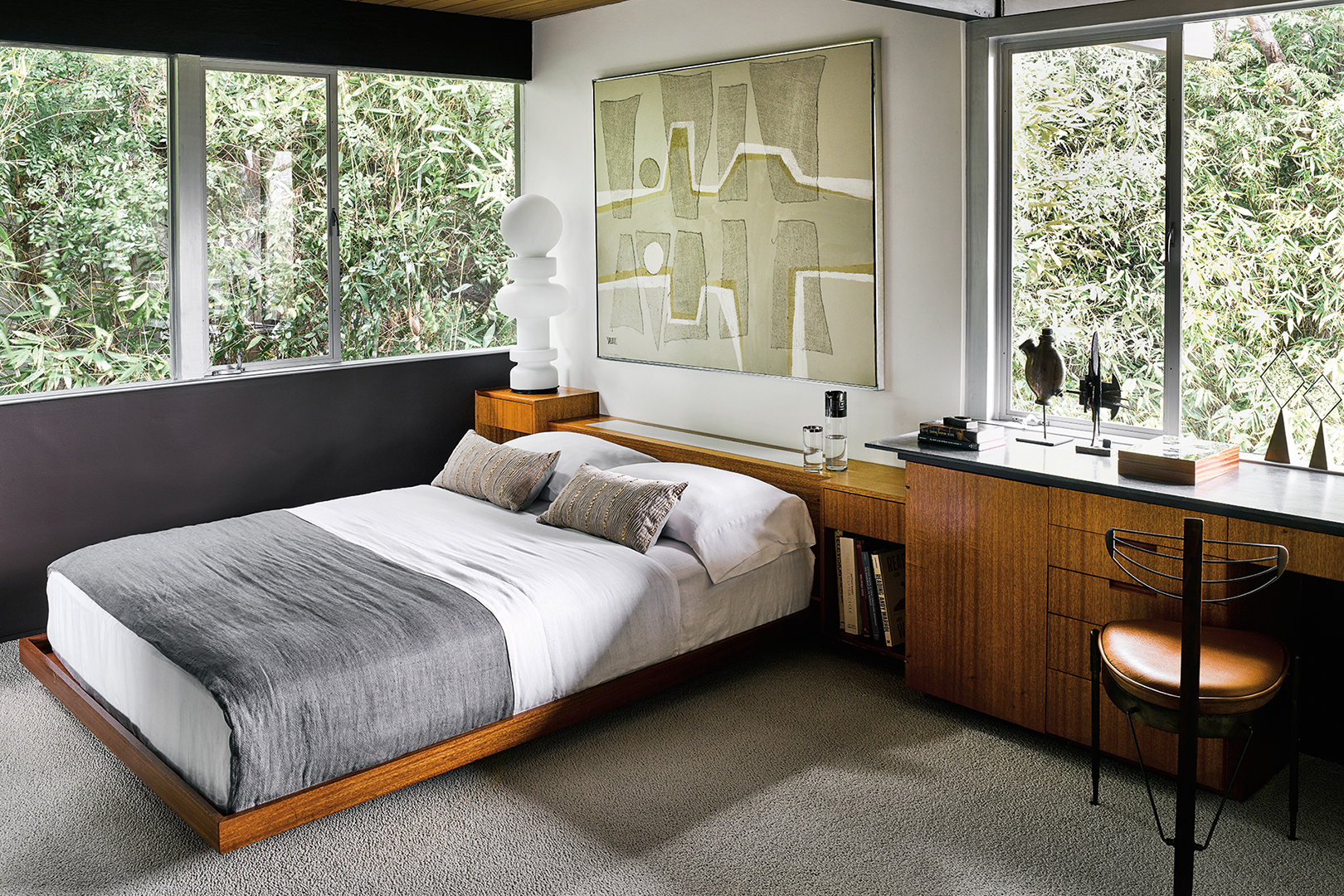 Bedroom with wooden bedframe