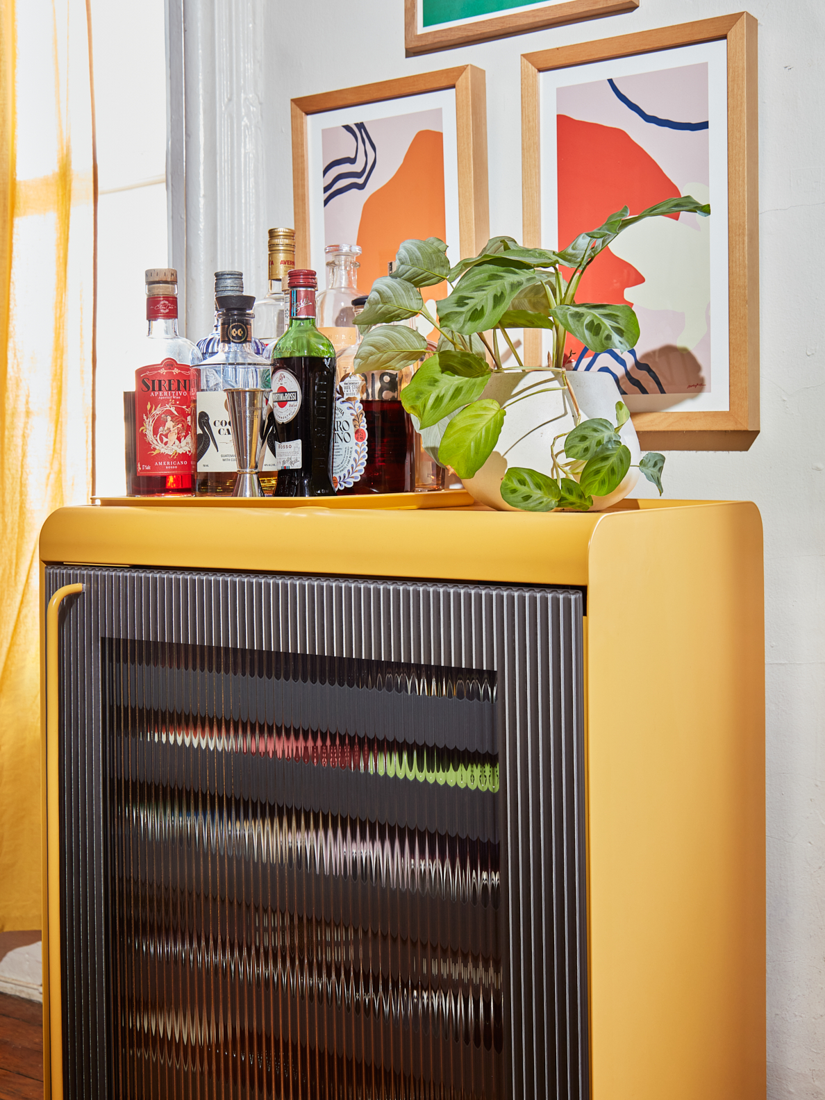 side angel of yellow beverage fridge