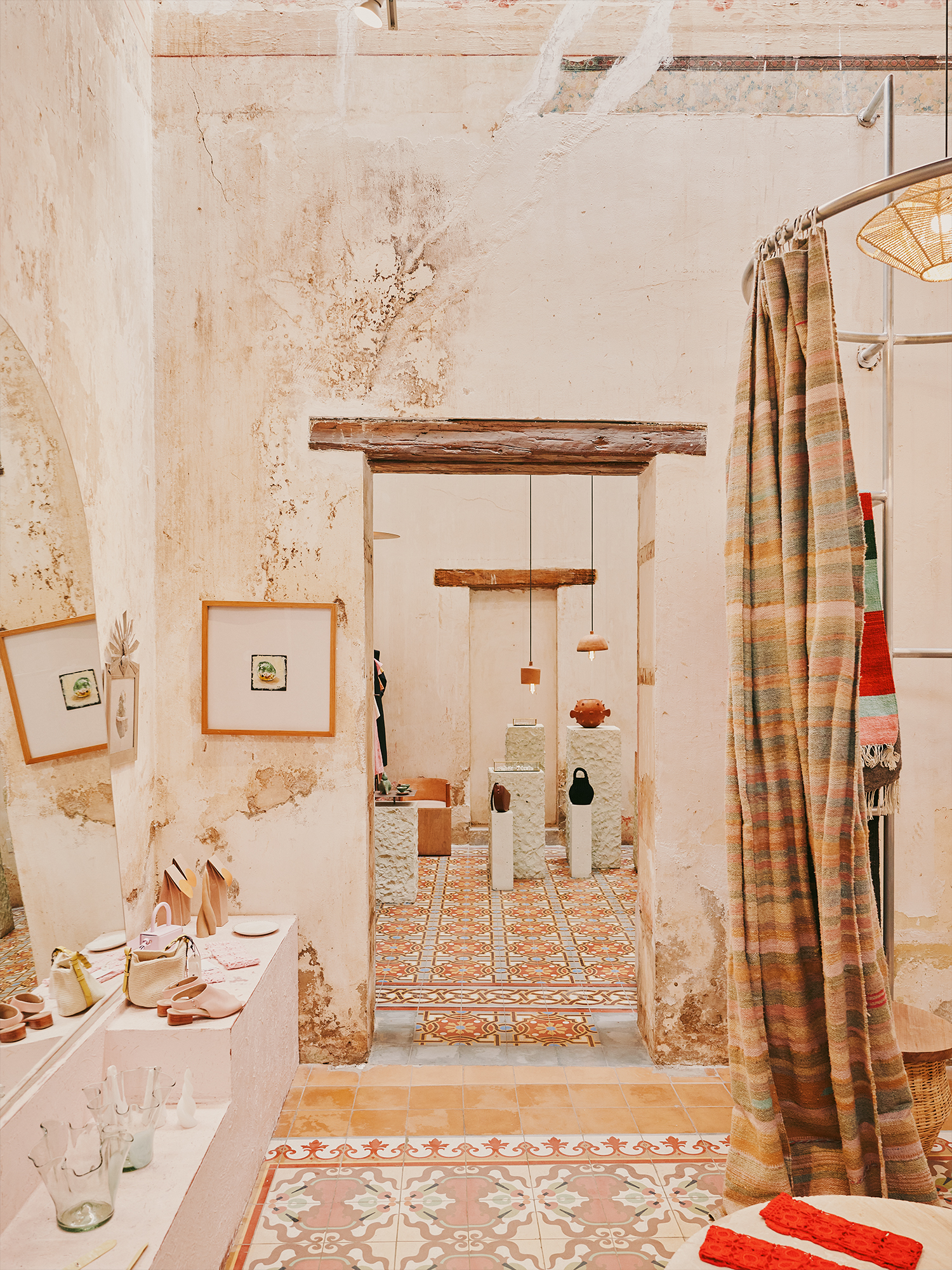 Pink plaster walls and tile in concept shop in Oaxaca, Mexico.