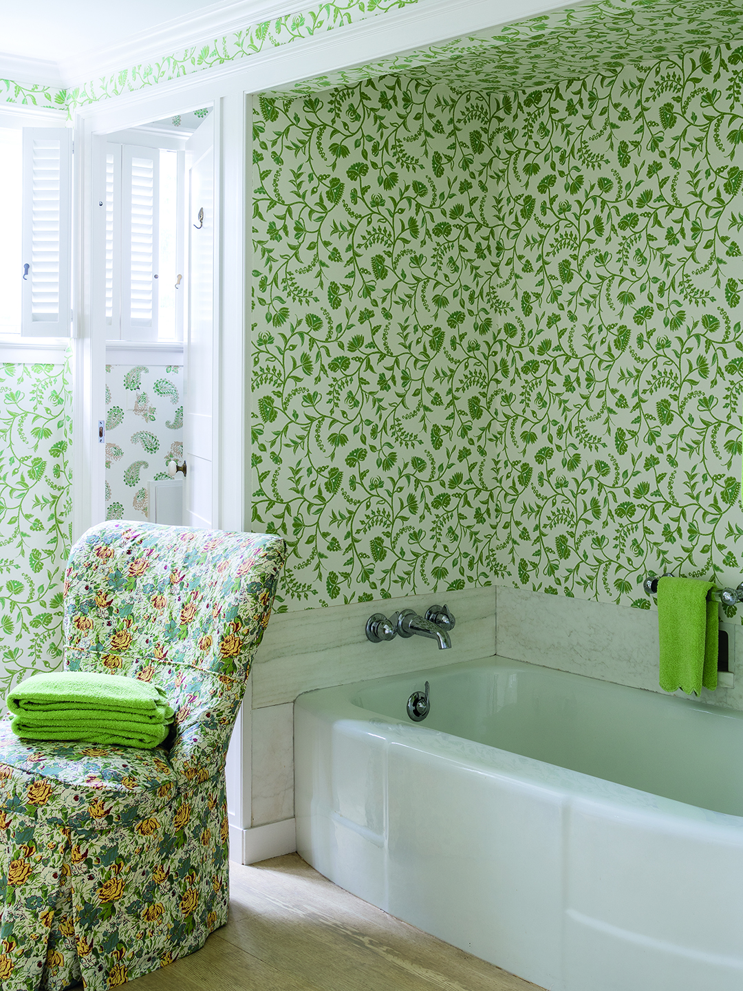 green wallpapered batroom