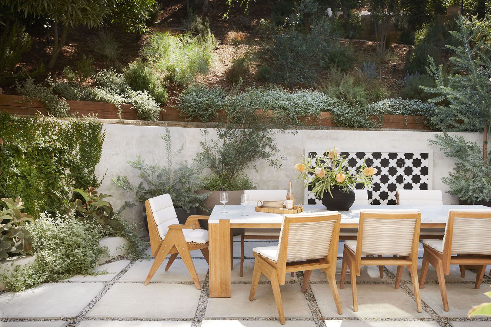 Backyard dining table with fountain