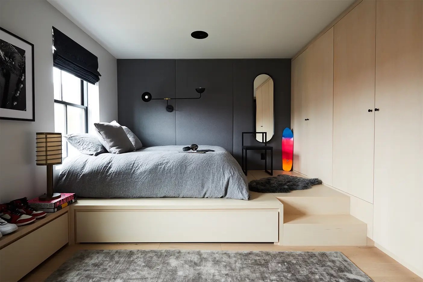 Teen room with birch plywood platform under bed.