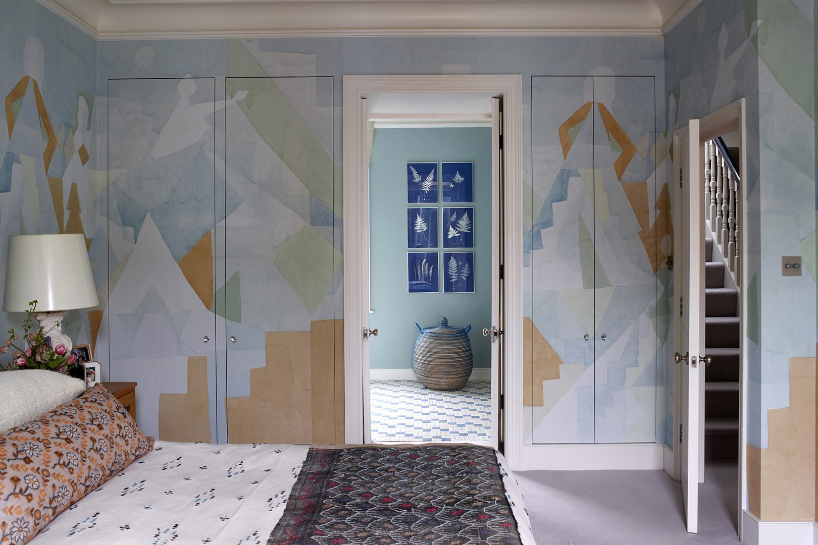 wallpapered bedroom closets