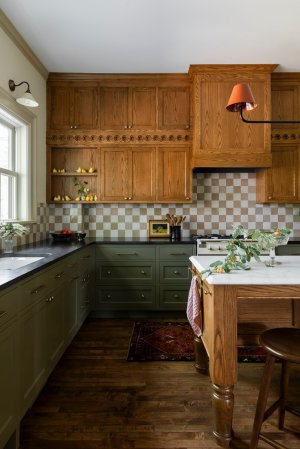 green and wood kitchen