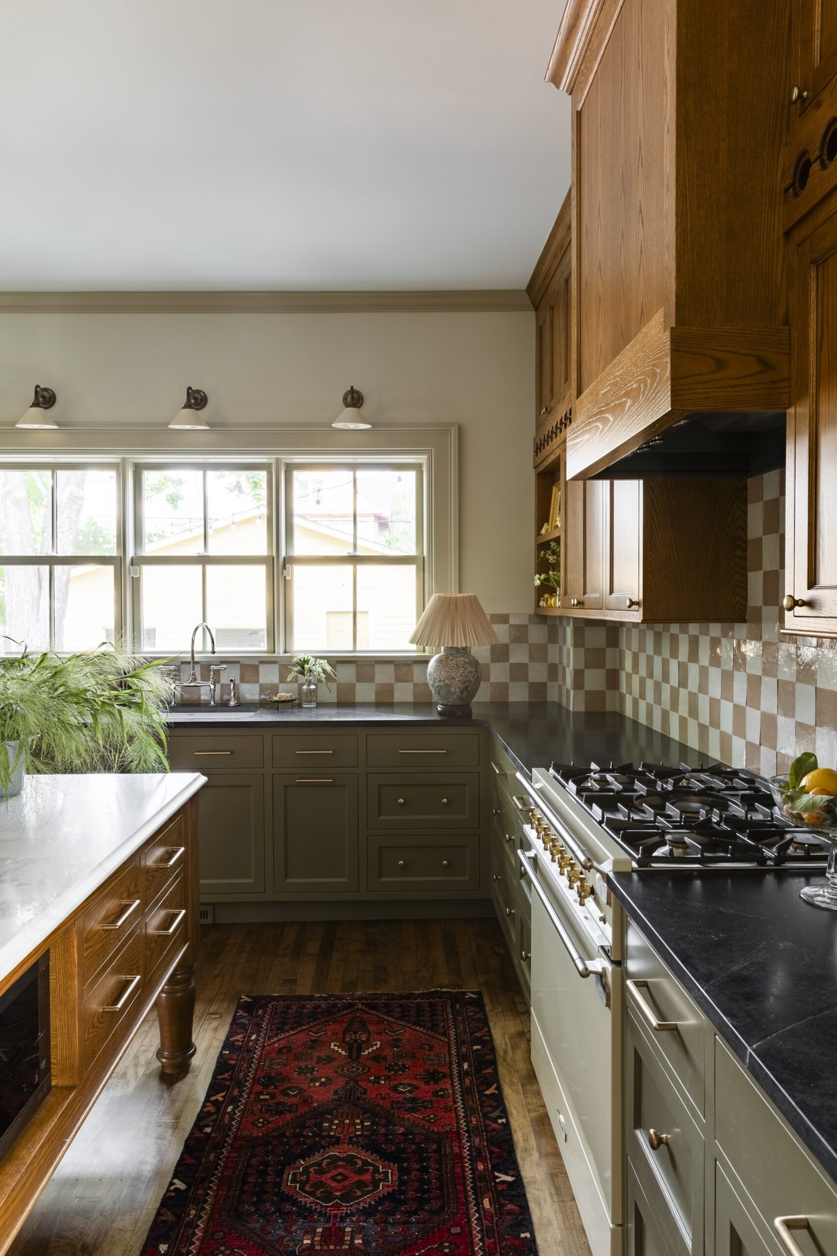 green and wood kitchen