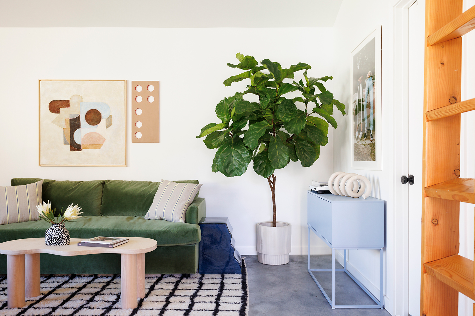 living room with checkered rug