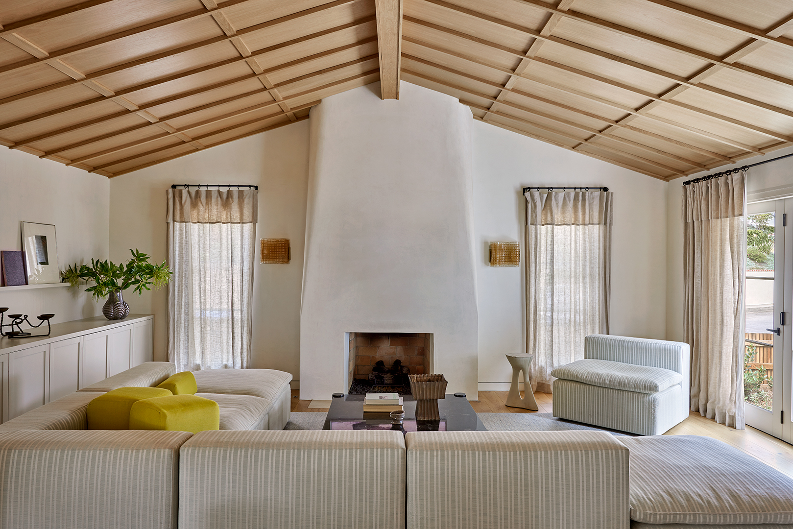 angled wood living room ceiling