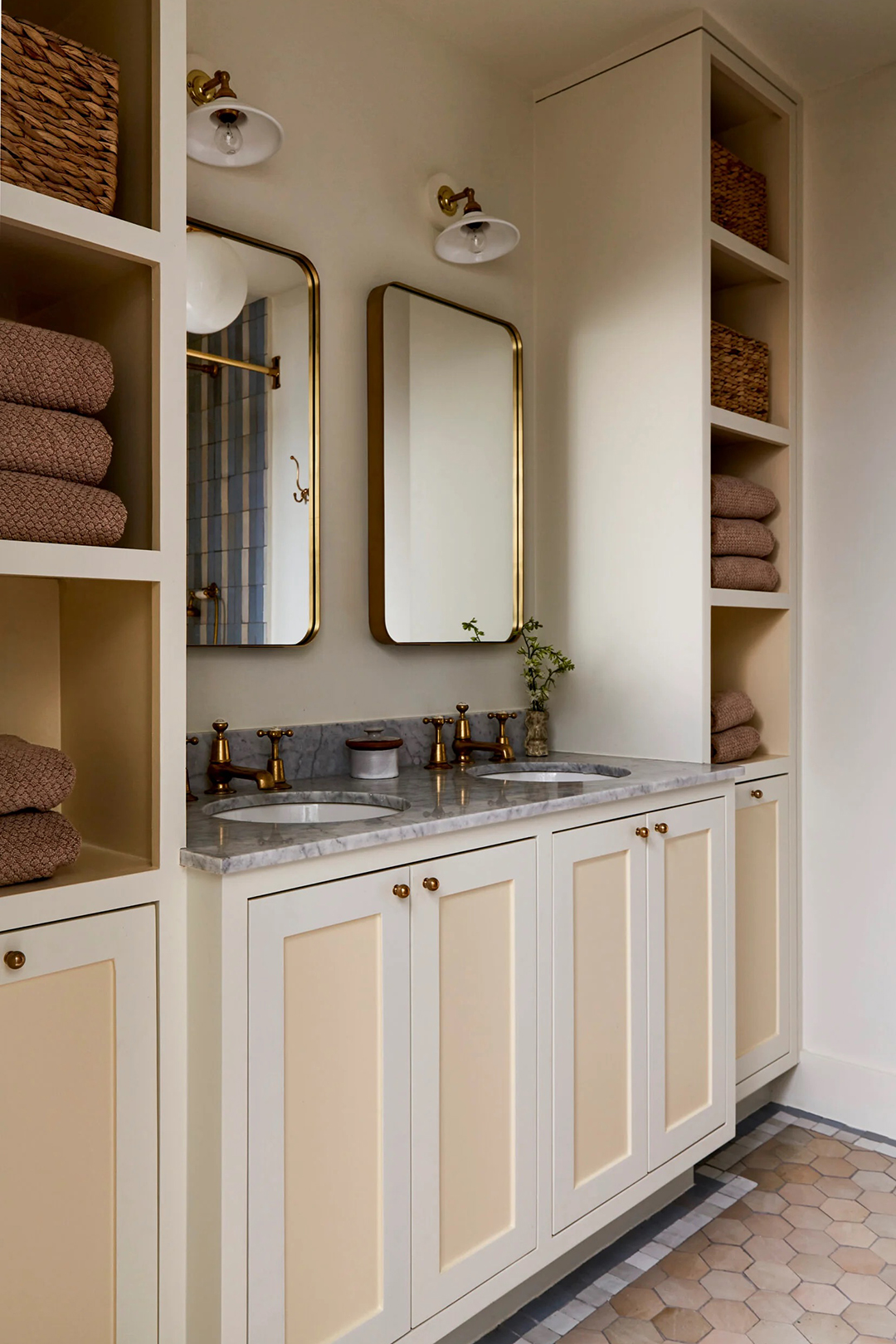 cream-yellow vanity cabinets