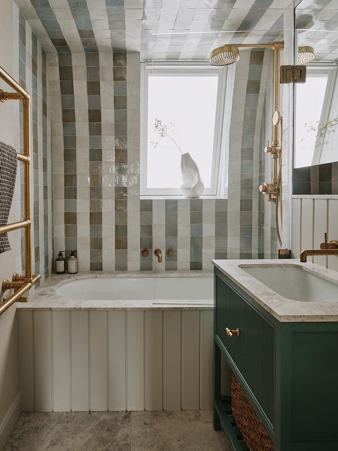 striped tile bathroom