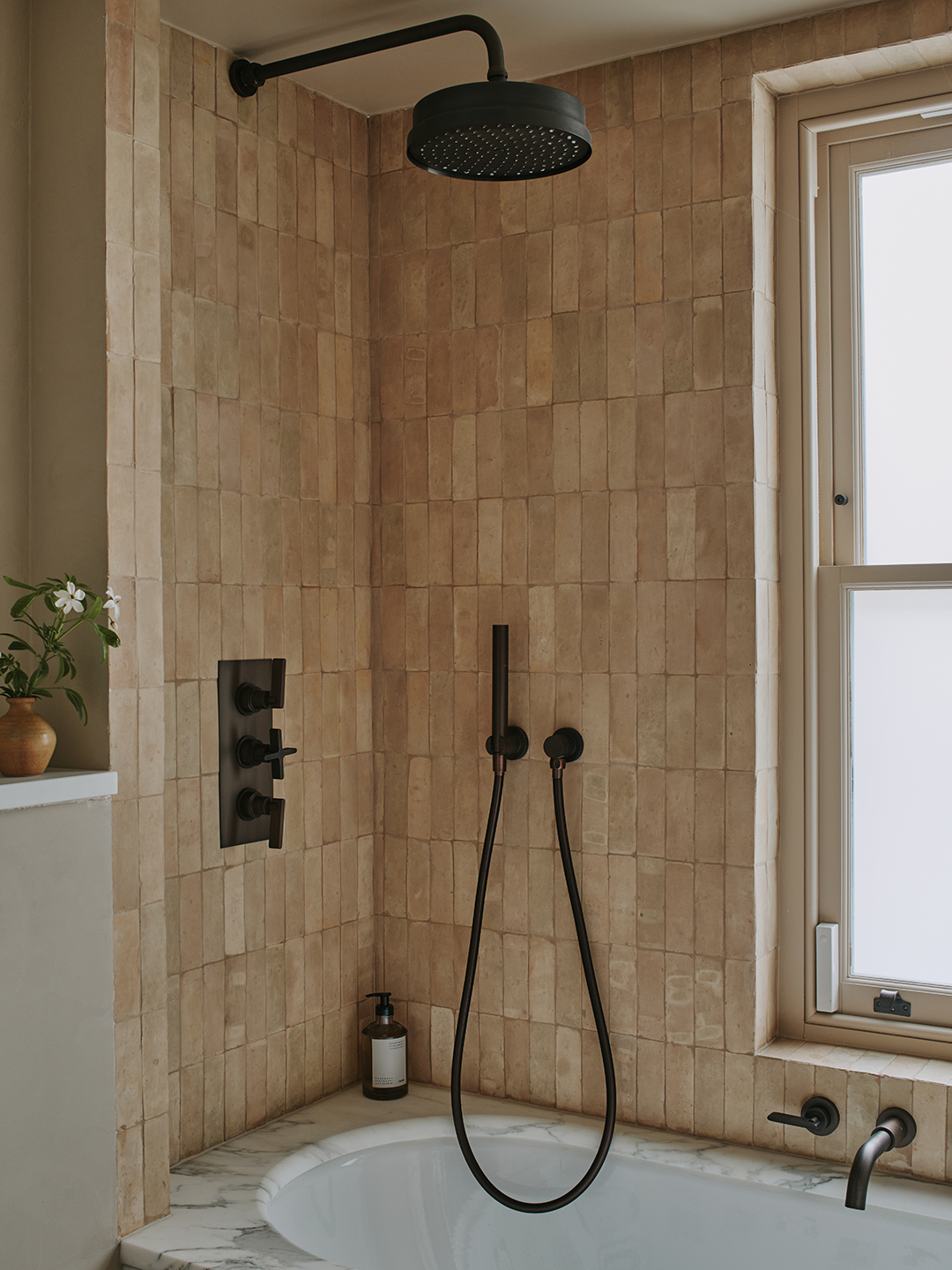 neutral zellige shower tiles