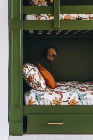 green built-in bunk beds with drawer