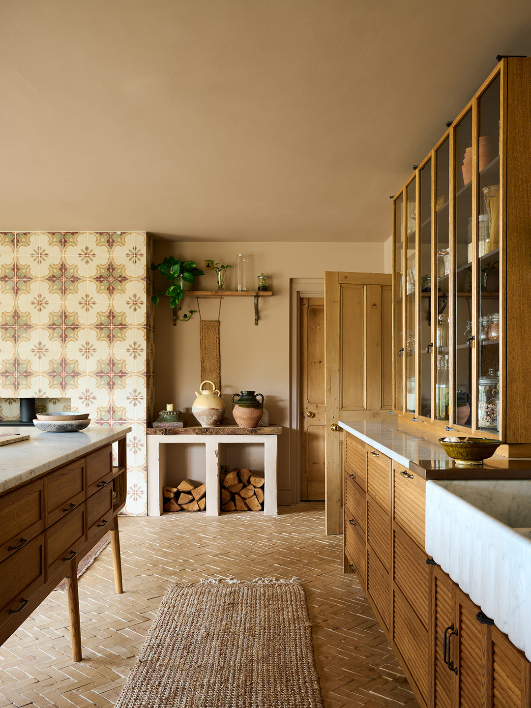 kitchen with wood cabinets and tiled fireplace