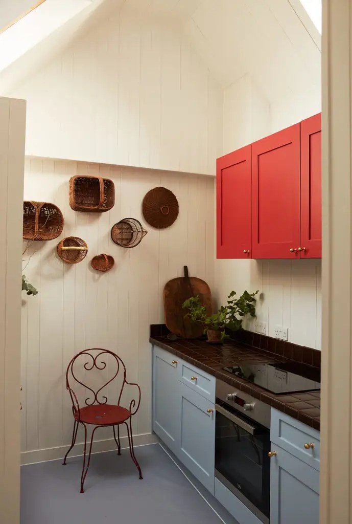 red and blue galley kitchen