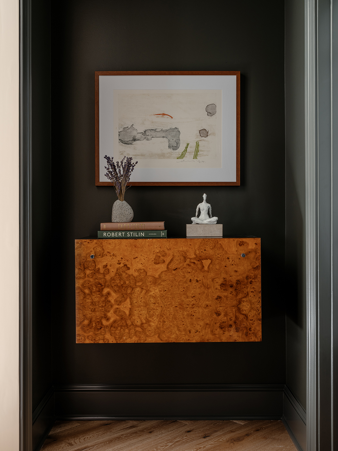 wood credenza in hallway