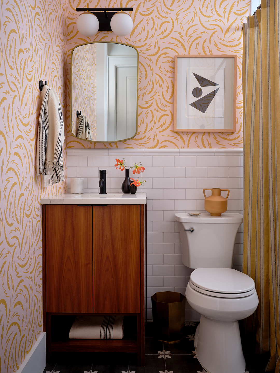 red wallpapered bathroom