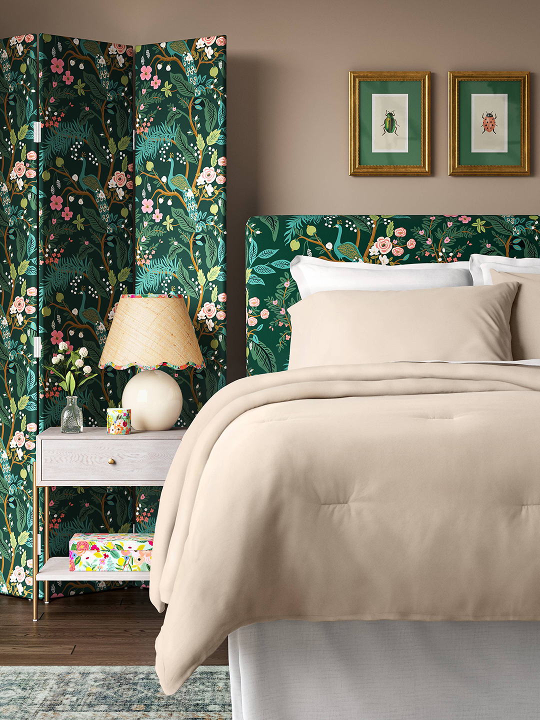 green floral upholstered bed and room divider