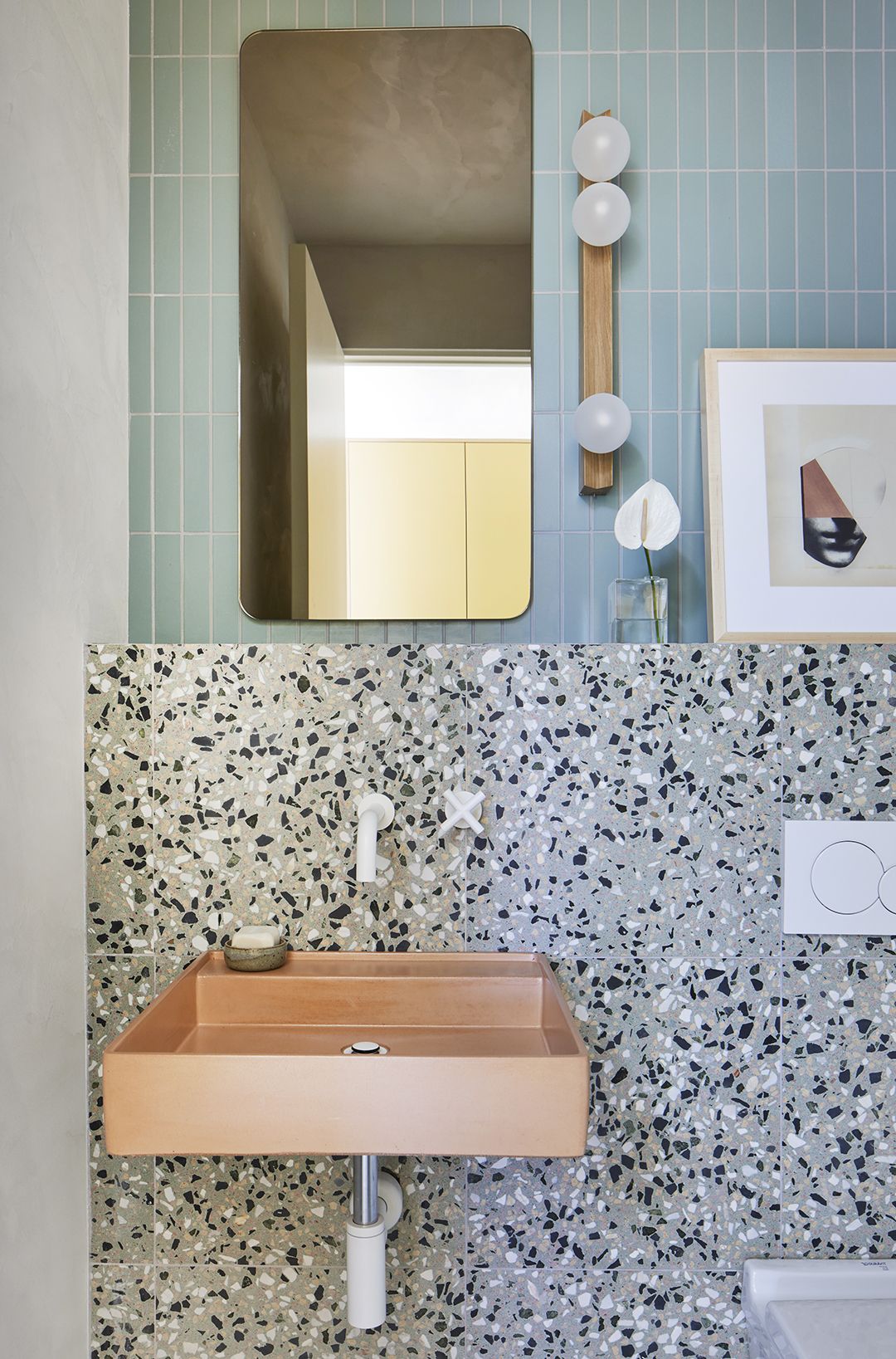 terrazzo half-wall in a bathroom