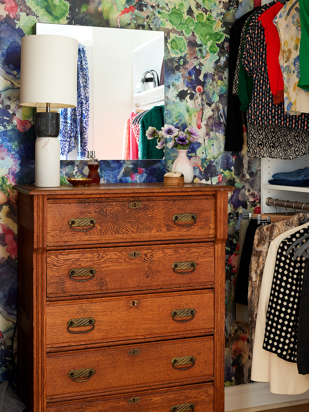 wood dresser inside closet