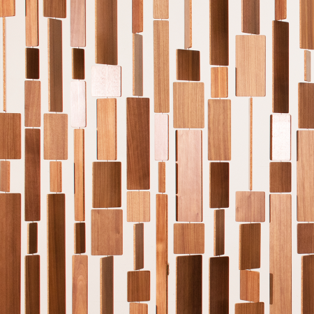  Mid-century-inspired wood screen with hanging rectangle pieces.