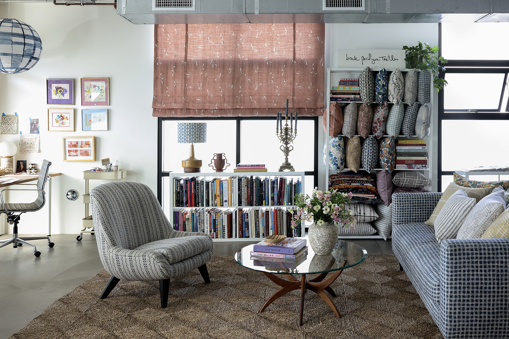 chair and coffee table on woven rug