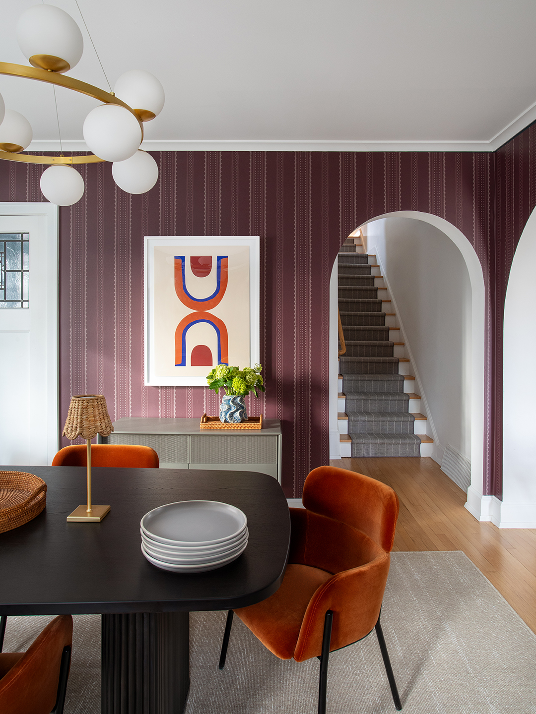 purple stripe dining room wallpaper