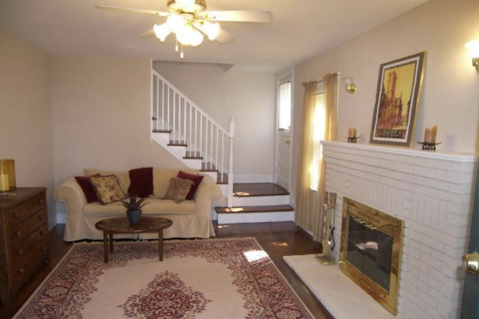 dark living room with fireplace