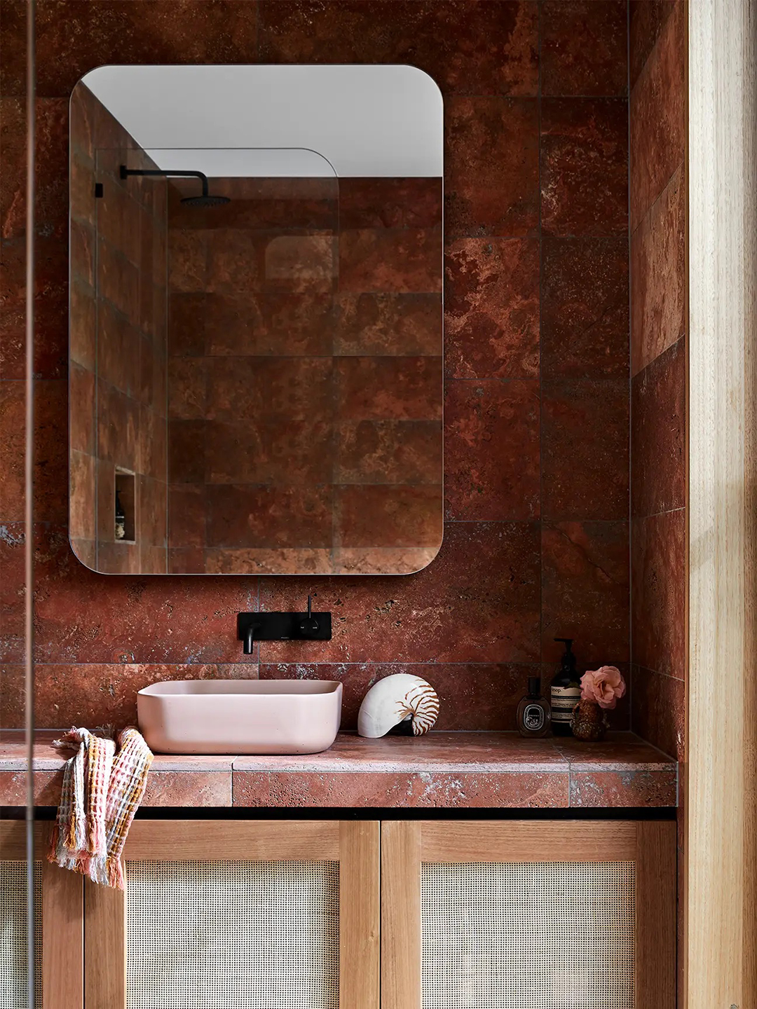 red tiled vanity wall