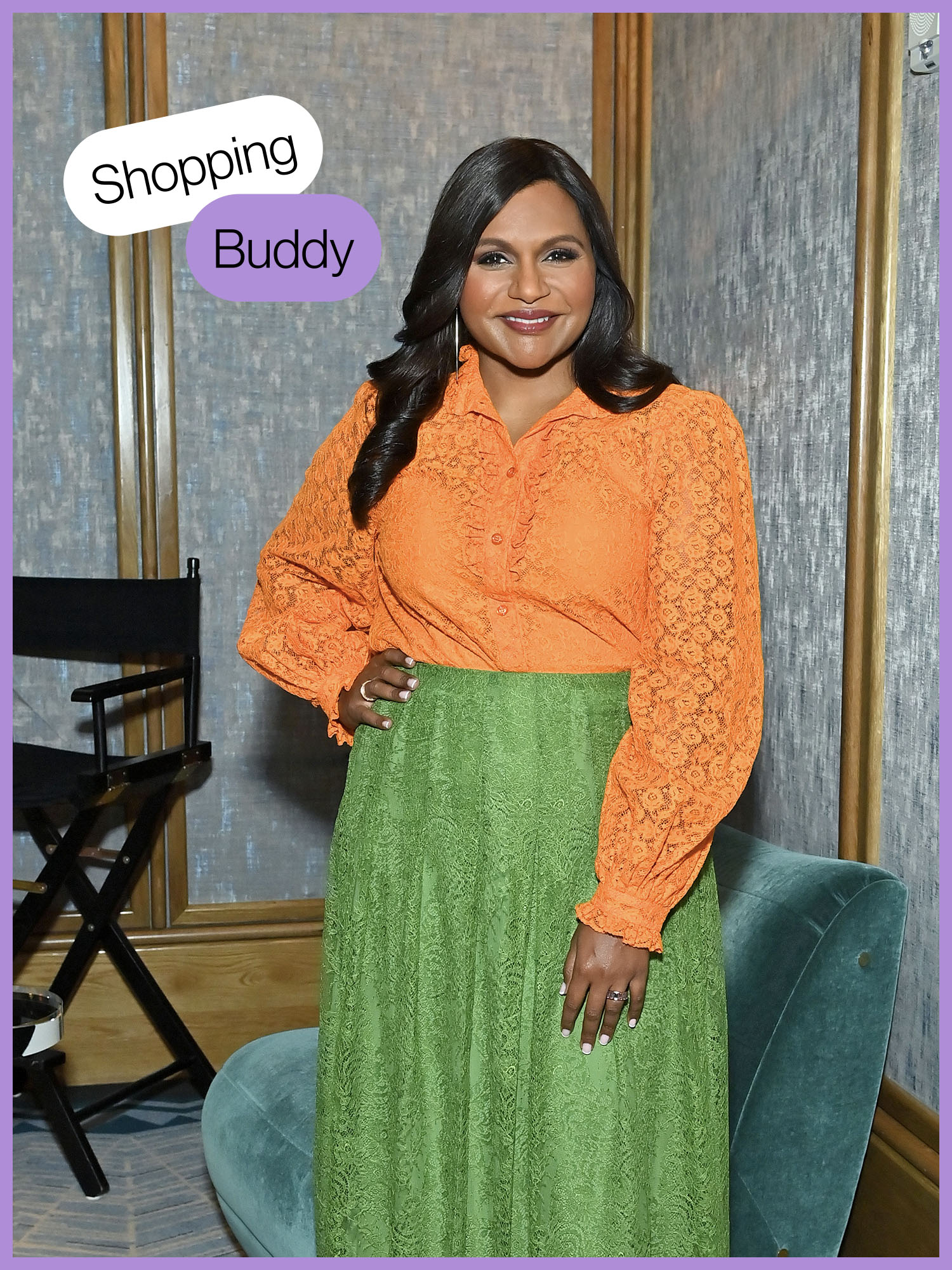 Mindy Kaling in a orange top and green skirt with the words Shopping Buddy