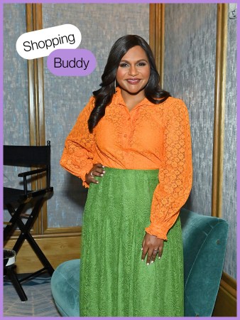 Mindy Kaling in a orange top and green skirt with the words Shopping Buddy